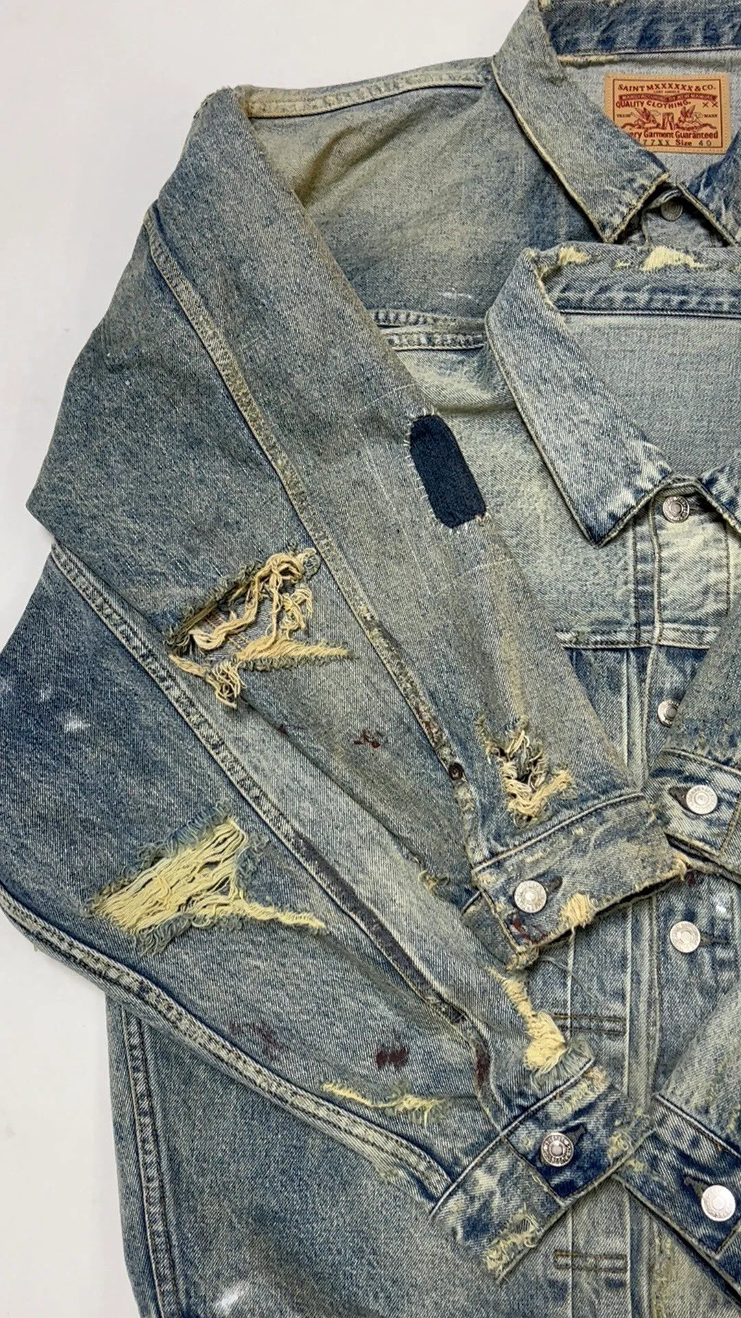 SAINT MICHAEL x BERBERJIN BJ_DENIM JACKET/DAMAGE/BLU latest joint model destroyed distressed ripped denim jacket heavy wash water SM destroyed denim jacket washed blue S-XL